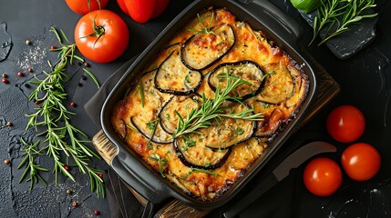 Homemade Greek moussaka, an eggplant casserole, no shadows The moussaka takes center stage, with no text, logo, signature, human body, people, or plants, 