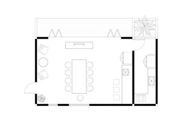 Modern Open-Concept Living, Dining, and Pantry Interior Layout – 2D Vector Illustration. 2