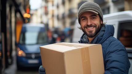 Smiling Delivery Man Holding Brown Box in Urban Environment, Representing Global Commerce and Efficient Trade Shipping Industry