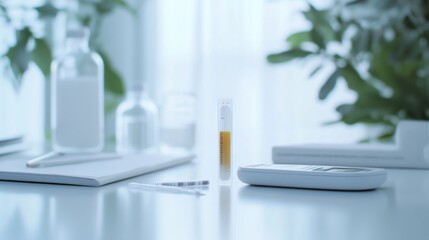 A glucose meter on a clean desk with a test strip and lancet. Featuring health care and self-monitoring