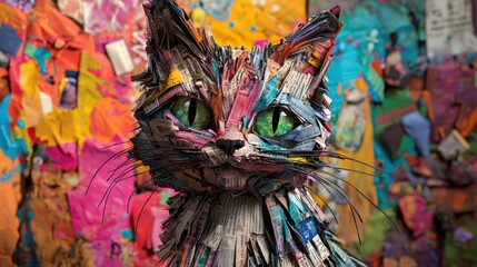Fototapeta premium Portrait of a cat sculpture made from newspaper folds, intricate textures, vivid abstract background, rich lighting effects, ultra-detailed