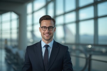 Fototapeta premium Head and shoulders Portrait of an elegant stylish Croatian young male flight attendant in uniform.