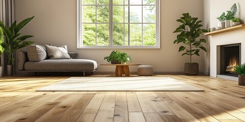 Diagonal light brown wood planks grace the room, centered by a pristine white area rug adding cozy elegance to the space