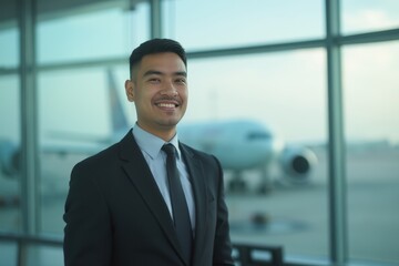 Fototapeta premium Head and shoulders Portrait of an elegant stylish Cuban young male flight attendant in uniform.