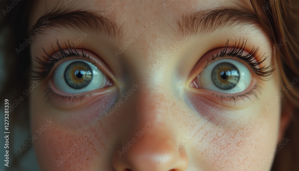 Poster close-up of a wide open eye revealing detailed iris and lashes with reflections captured in natural 