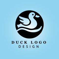 Simple Elegant Black Duck Logo Illustration for Modern Business Branding and Merchandise, Featuring Water Elements on a Blue Background
