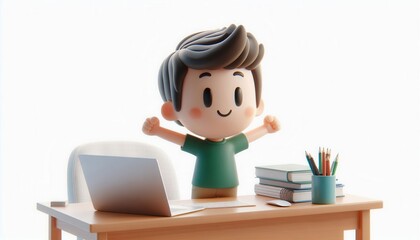 Cheerful child celebrating in a bright home office - joyful digital illustration
