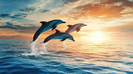Fototapeta premium Dancing Dolphins in the Sunset Watercolor Painting Capturing Nature's Beauty Through Art
