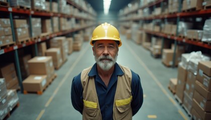 Elderly Caucasian man with gray beard and yellow hard hat stands confidently in a large warehouse surrounded by stacked boxes