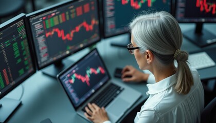 Elderly woman analyzing stock market data from multiple screens in a trading environment