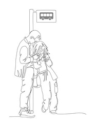 Couple man and woman in glasses standing and using phones at bus stop. Continuous line drawing. Vector illustration in line art style.