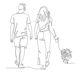 Couple with dog walking away. Man in glasses. Back view. Continuous line drawing. Black and white vector illustration in line art style.
