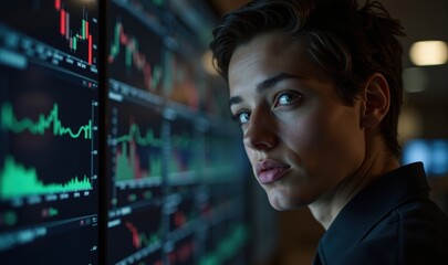 Naklejka premium A focused professional analyzes financial data on digital screens, reflecting determination and insight in a modern trading environment.