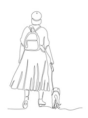 Woman with backpack and dog walking away. Back view. Continuous line drawing. Black and white vector illustration in line art style.