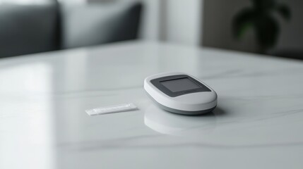 A glucose meter on a clean, white surface with a test strip inserted, displaying a reading. Featuring self-care and health monitoring