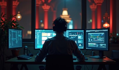 A focused professional analyzes data on multiple screens in a modern work environment, showcasing the integration of technology in business analysis.