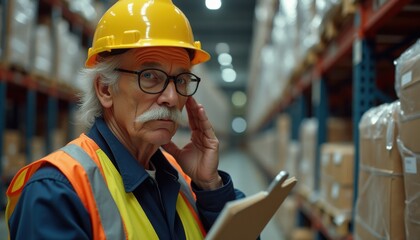 Elderly warehouse worker conducts inventory check in a busy storage facility