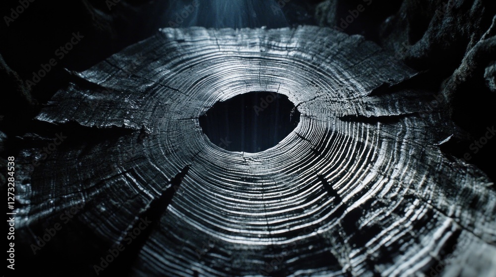 Poster cut tree trunk showing concentric growth rings and center hole