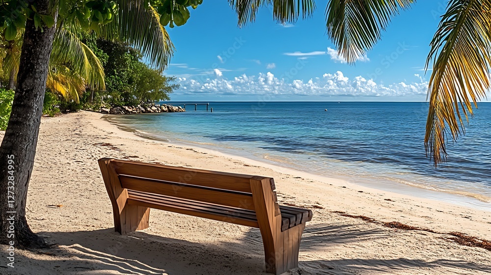 Poster picturesque beach view from a wooden bench with palm trees and calm waters : generative ai