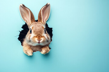 Obraz premium Bunny peeking out of a hole in blue wall