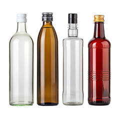 Four glass bottles with different colored caps and bodies isolated on a transparent background.