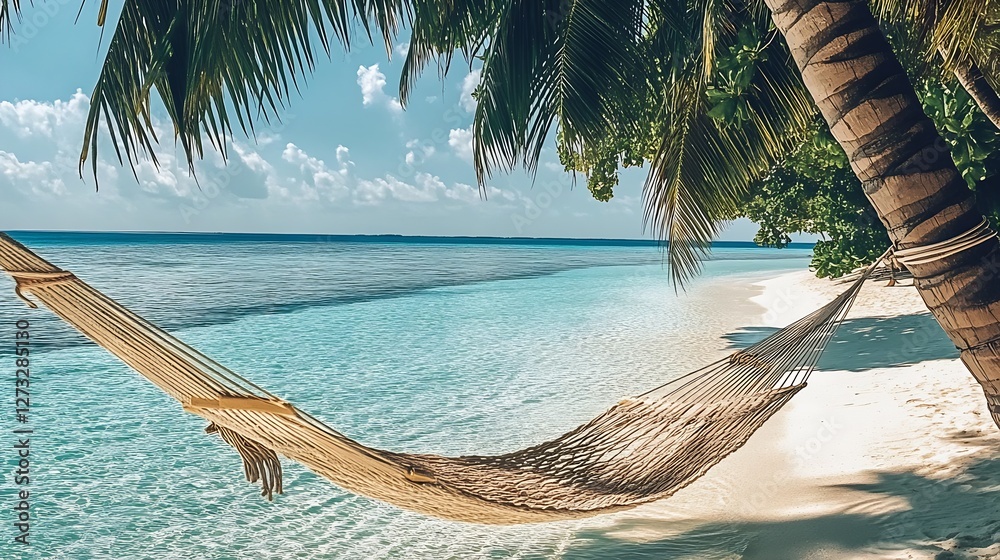 Poster quiet beach scene featuring a comfortable hammock swaying gently between palm trees : generative ai
