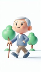 Fototapeta premium Active senior walking in nature cheerful environment 3d character animation style