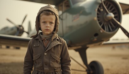 Vintage aviation nostalgia with a young boy in front of a biplane at an airfield during the golden age of flight