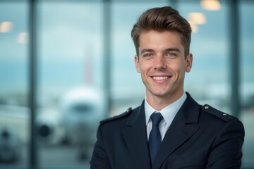 Fototapeta premium Head and shoulders Portrait of an elegant stylish Icelander young male flight attendant in uniform.