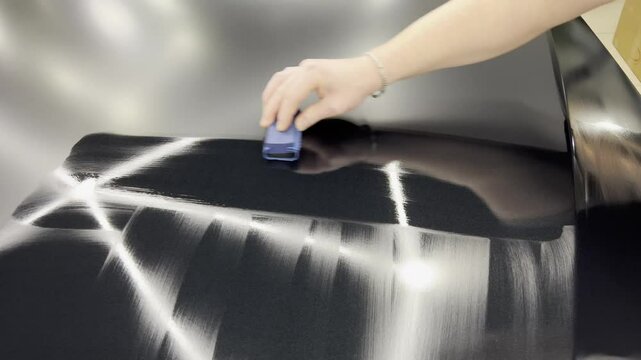 Automotive ceramics. Car service worker applying nano coating on a car detail. Specialistic ceramic coating liquid powder on to sponge by unrecognizable professional. Car detailing process.