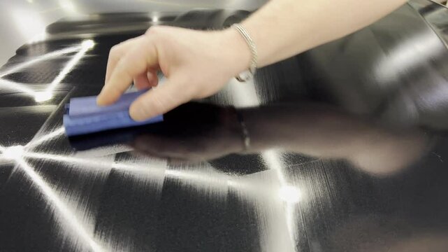 Automotive ceramics. Car service worker applying nano coating on a car detail. Specialistic ceramic coating liquid powder on to sponge by unrecognizable professional. Car detailing process.