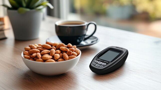 A glucose meter on a desk next to a bowl of mixed nuts and a cup of coffee. Featuring health and productivity