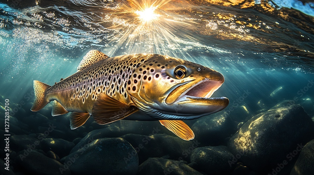 Aufkleber Close-up view of a brown trout swimming underwater with sun rays creating a shimmering effect : Generative AI