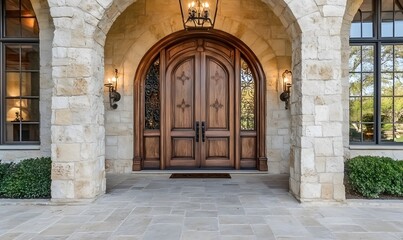 Elegant arched wooden door with side panels and glass accents, surrounded by stone walls, Generative AI