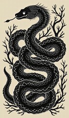 Obraz premium An intricately designed black snake with a dragon-like head, surrounded by abstract coral, perfect for themes of mythology and nature.