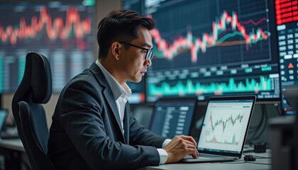 Fototapeta premium Middle-aged Asian professional analyzing stock market trends at modern trading desk in financial office environment