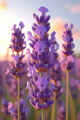 Obraz premium Lavender Flowers Blooming at Sunset Golden Light