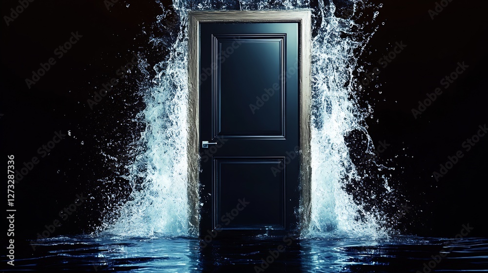 Poster Mysterious black door emerges from swirling water creating a surreal atmosphere in dark environment : Generative AI