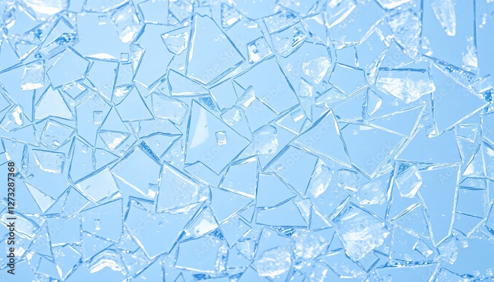 Aufkleber Scattered Shards of Glass. A Captivating Display of Fragility. Sparkling Fragments on Light Blue. Cool Tones Evoke Serenity. Abstract Beauty in Sharp Edges. Reflective Surfaces. Translucent Quality.