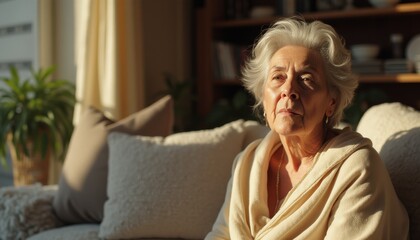 Elderly Latina woman enjoying sunlight in a cozy indoor setting during late afternoon