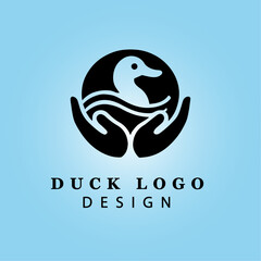 Simple Elegant Black Duck Logo Illustration for Modern Business Branding and Merchandise, Featuring Water Elements on a Blue Background
