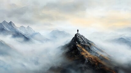 A Man Standing Majestically on Top of a Mountain in a Stunning Watercolor Painting