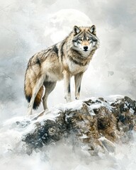 Obraz premium Majestic Wolf Standing Proudly on a Rock in a Beautiful Watercolor Painting