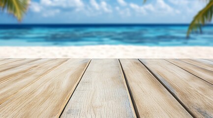 Fototapeta premium Close-up of wooden table surface with a picturesque blurred beach view behind it : Generative AI