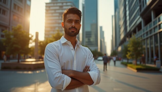 Young South Asian man poses confidently in urban setting during golden hour