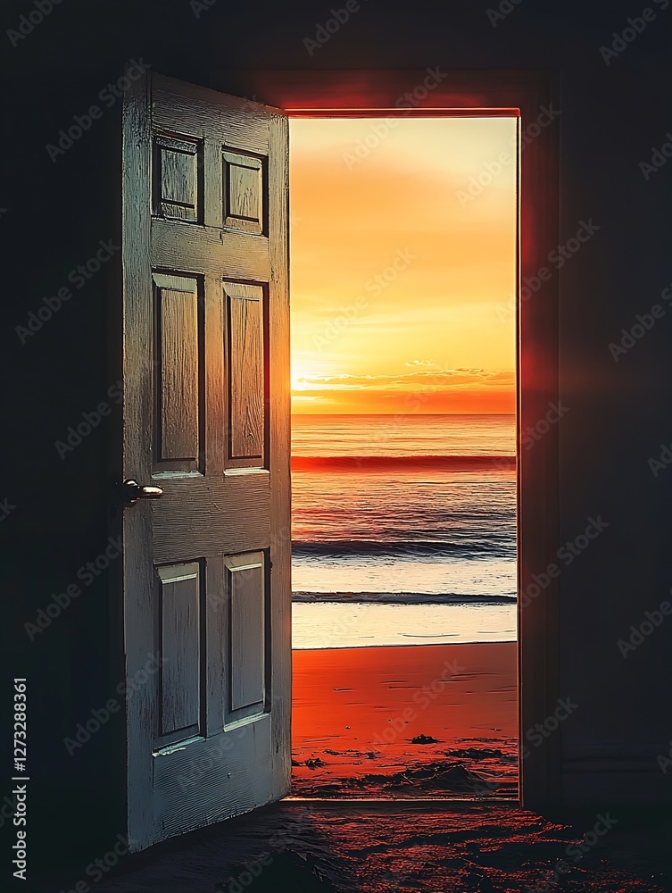 Aufkleber stunning view of sunset shining through open door revealing a tranquil ocean scene : generative ai
