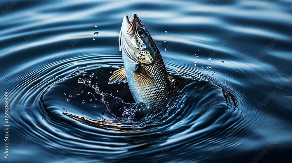 Poster Dynamic fish leaps from the calm water creating ripples and splashes in an aquatic habitat : Generative AI