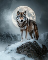 Fototapeta premium Majestic Wolf Standing Proudly on a Snowy Rock in Beautiful Watercolor Painting Scene