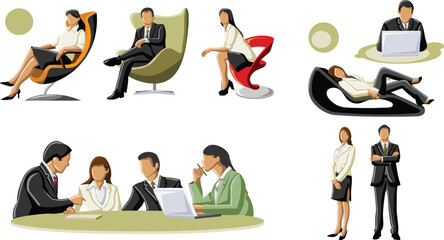 business man and businesswoman business people in different poses and sitting on chairs Adobe Illustrator Artwork vector illustration