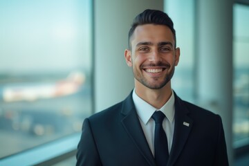 Fototapeta premium Head and shoulders Portrait of an elegant stylish Libyan young male flight attendant in uniform.